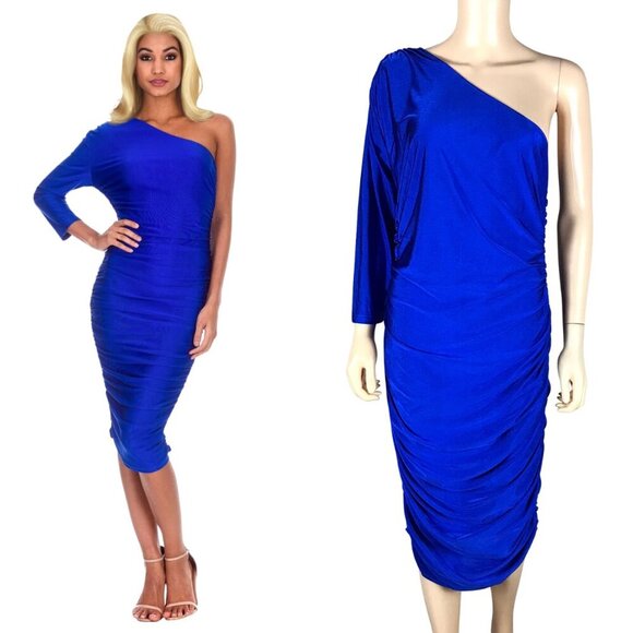 AX PARIS Blue One Sleeve Slinky Ruched Midi Dress NWT - Picture 1 of 9